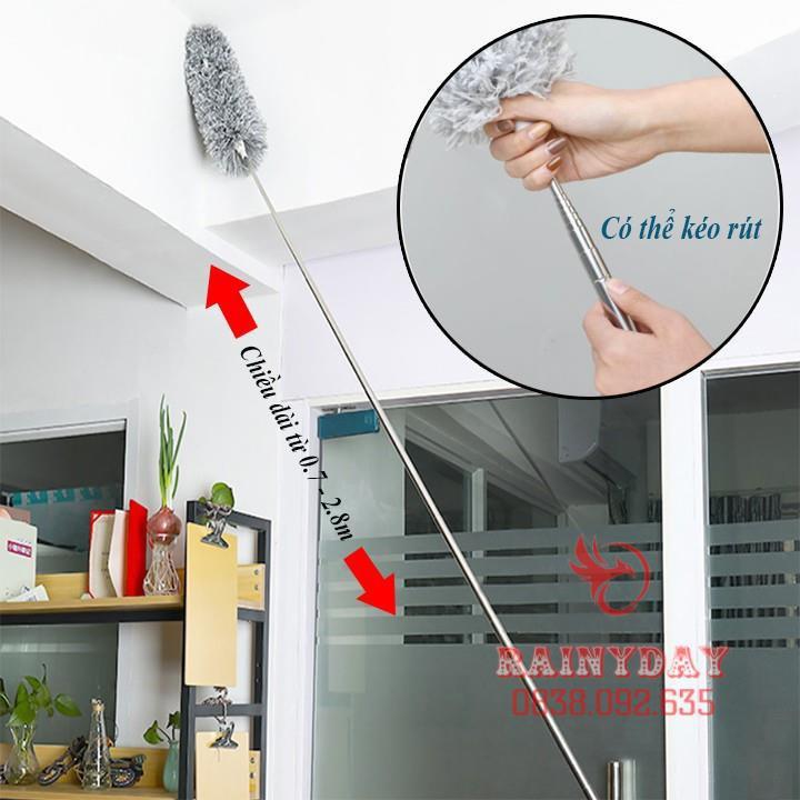 Cây chổi lông quét lau bụi mạng nhện trần nhà đa năng cán dài inox rút gọn gập được 90 độ thông minh