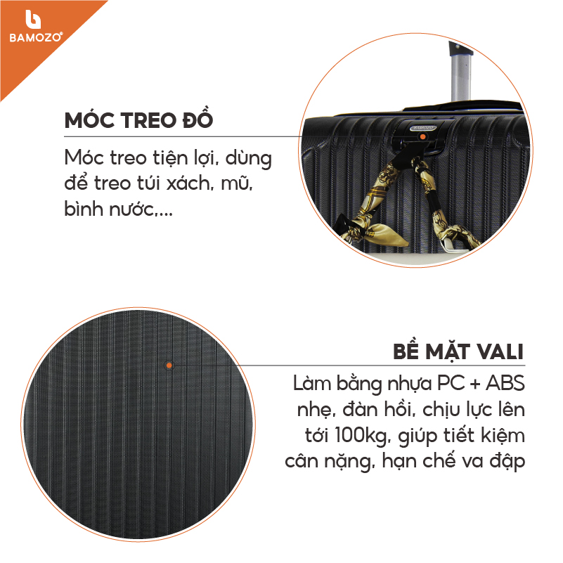 Vali du lịch BAMOZO 8801 MÀU ĐEN size 20/24, vali kéo nhựa được bảo hành 5 năm.