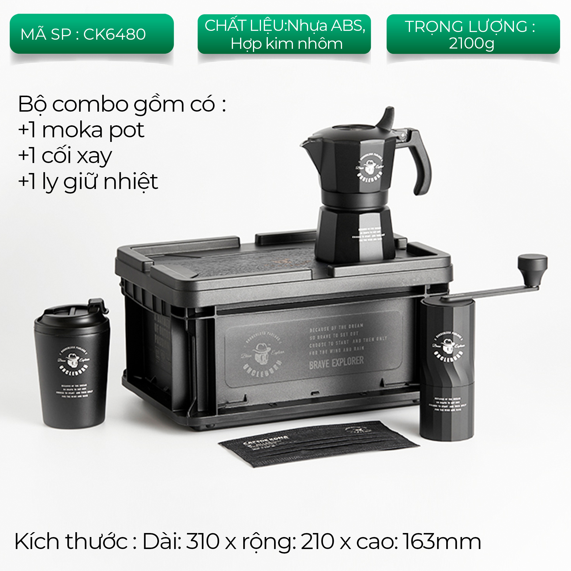 Bộ combo pha cà phê moka dã ngoại phượt có thùng CAFE DE KONA