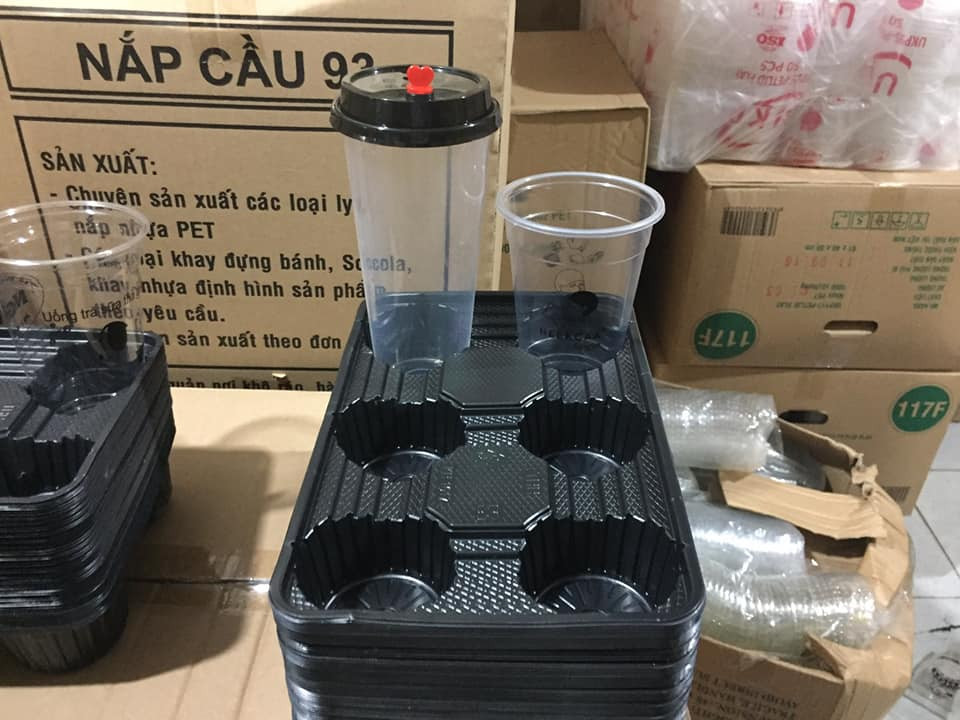 100 Khay 6 ngăn đen đựng 6 ly trà sữa - khay nhựa 6 ô đựng ly chống đổ