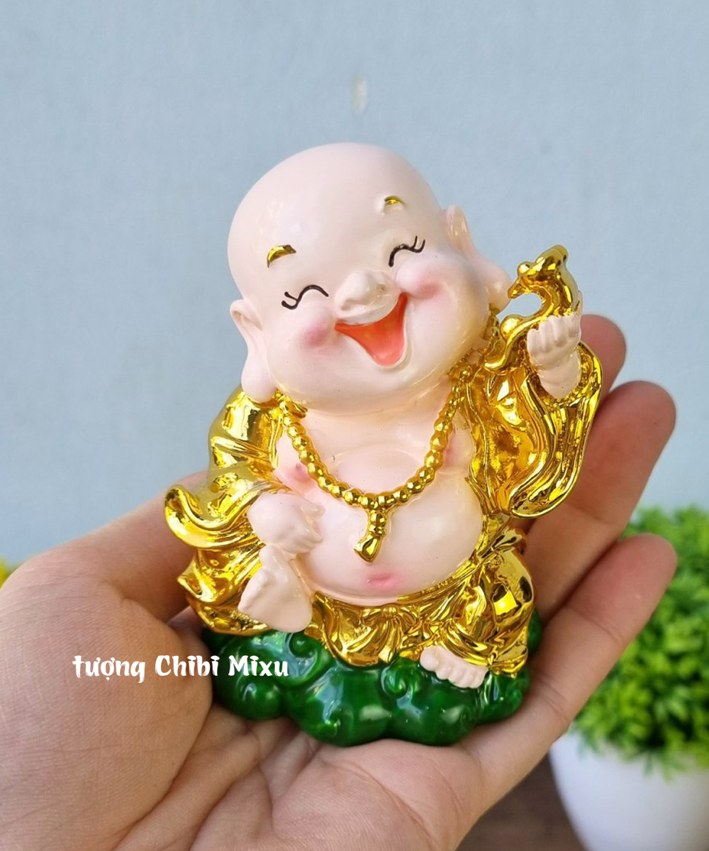 01 tượng Di Lặc 9cm xi vàng cầm gậy Như Ý
