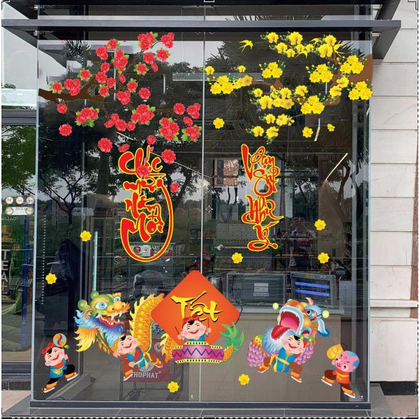 Decal trang trí tết xuân tân sửu - có sẵn keo - decal dán kính trang trì tết PK625