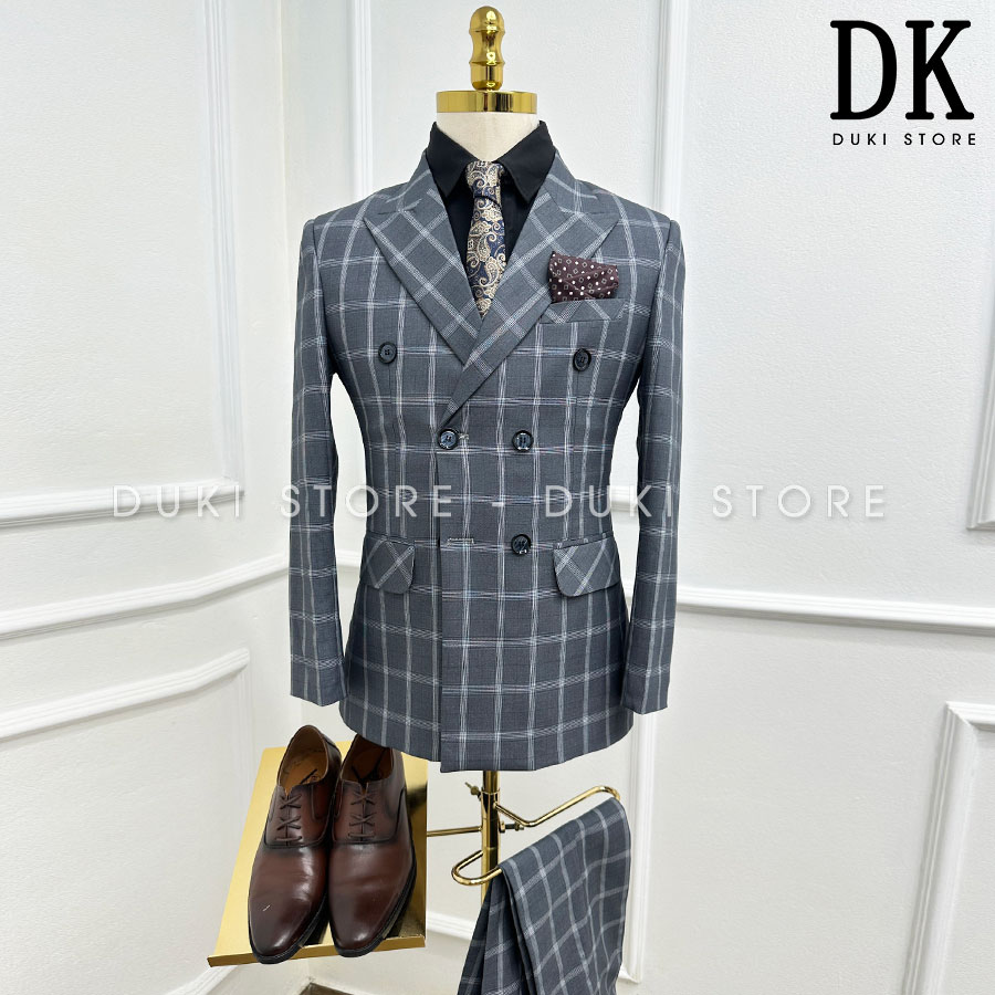 Bộ vest nam 6 cúc màu xám caro thanh lịch DKE0104 - DUKI STORE