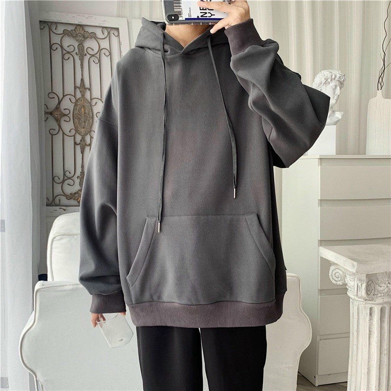 Áo hoodie basic, Áo Khoác Hoodie Trơn Có Mũ Form Rộng Tối Giản Màu Trắng