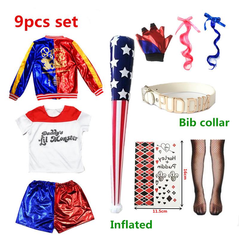 Trang Phục Hóa Trang Quinn Harley Харли Куинн Trẻ Em Bé Gái HalloweenT Áo Sơ Mi Bracer Joker Áo Dây Tóc Giả Găng Tay