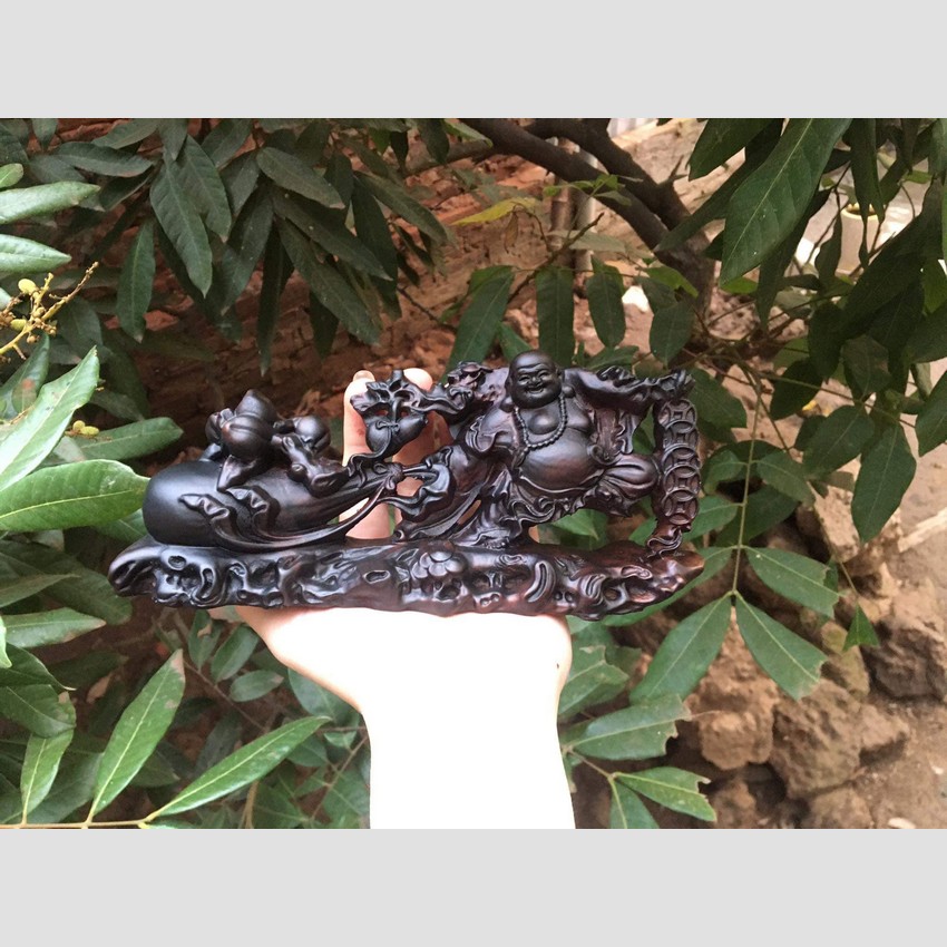 Tượng di lặc kéo bao tiền gỗ trắc mini để bàn làm việc, để xe ô tô cầu bình an may mắn