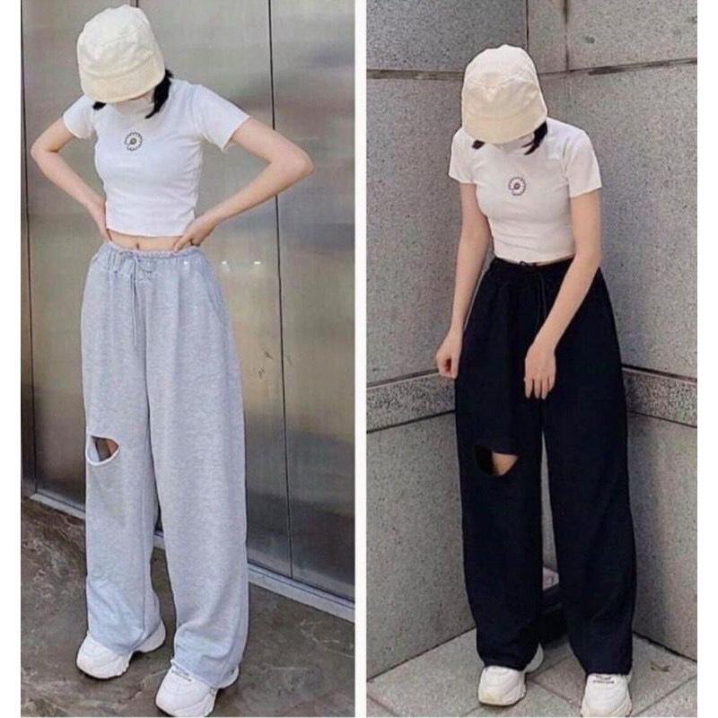 Sét áo thun croptop và quần cotton ống rộng cá tính