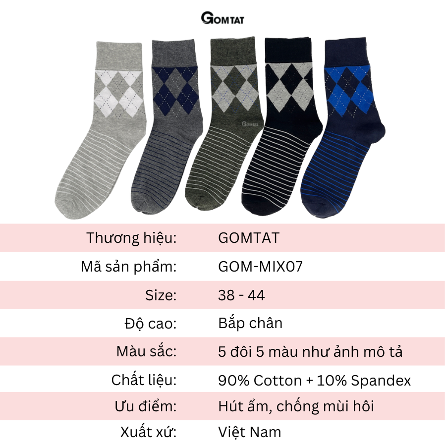 Tất đi giày tây nam cổ cao GOMTAT cao cấp mẫu MIX07, vớ nam công sở chất liệu cotton mềm mại, hút ẩm thoáng khí - GOM-MIX07-1DOI