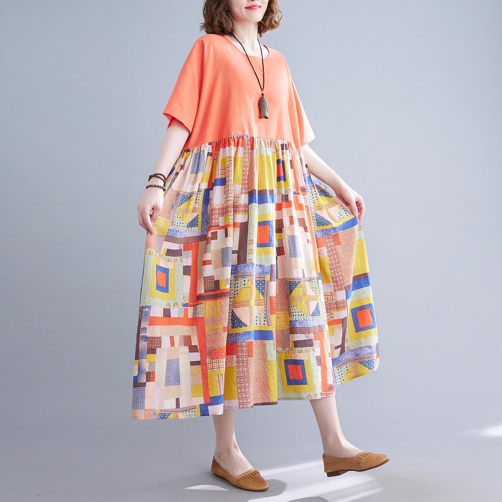 Women Casual Dress Contrast Color Print Pockets Loose O-Neck Short Sleeves Plus Size Summer Dress