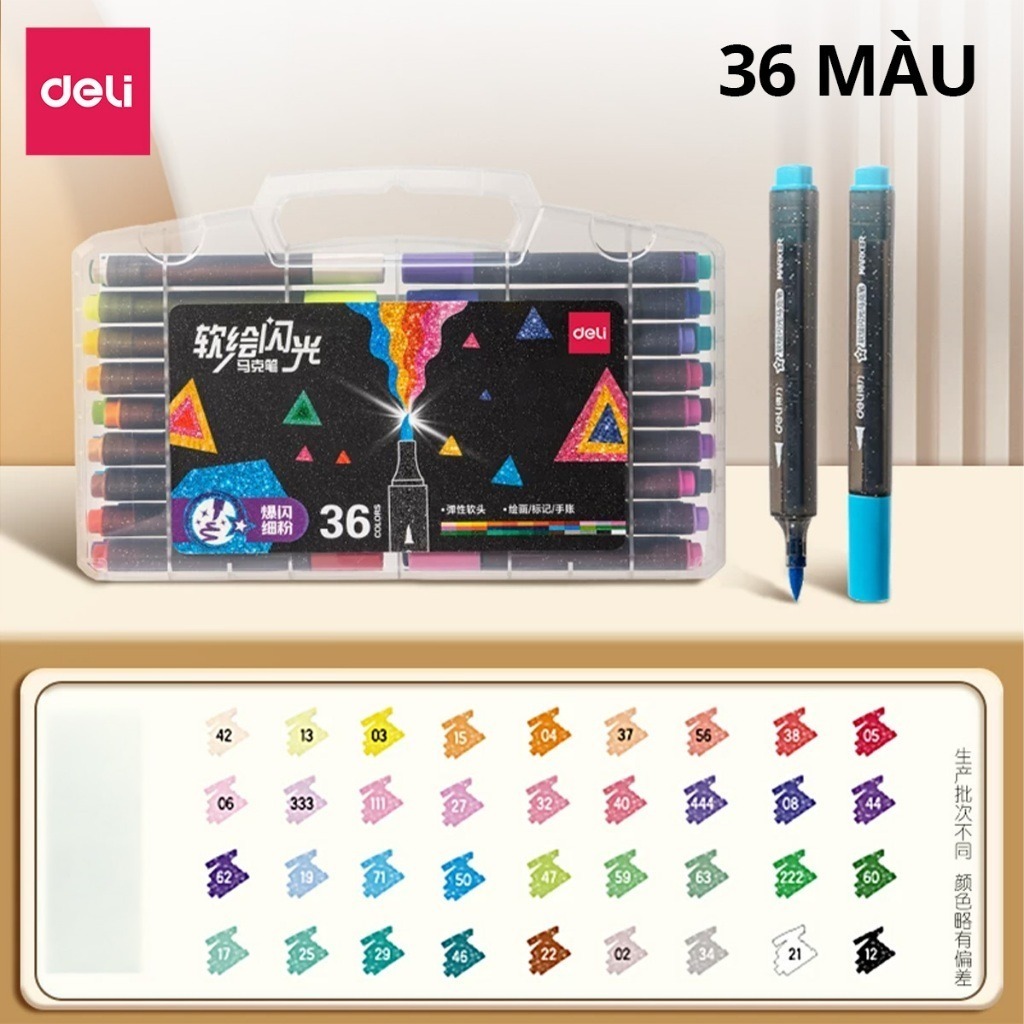 [SALE 39K] Bút Marker Nhũ Kim Tuyến 1 Đầu 12/24/36/48 Màu Deli Mềm Ngòi Nhũ Sáng Màu Vẽ Anime, Bullet Journal