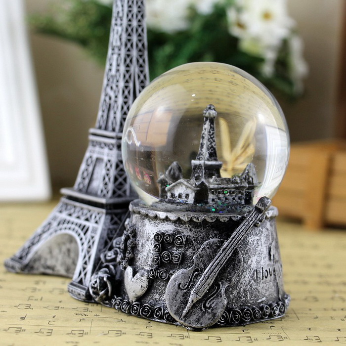 Quả cầu tuyết tháp Eiffel, Quả cầu pha lê tuyết có đèn led và tháp Eiffel - Màu bạc