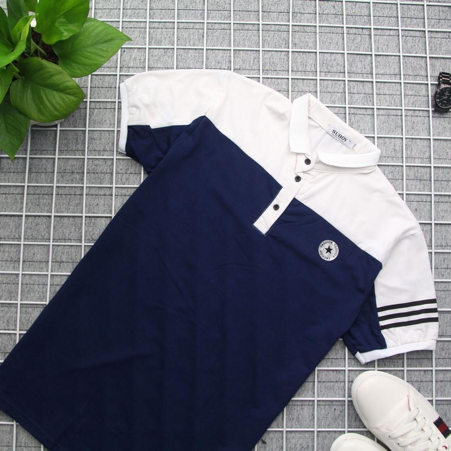 Áo thun nam trắng xanh có cổ GN203 Gấu Nâu