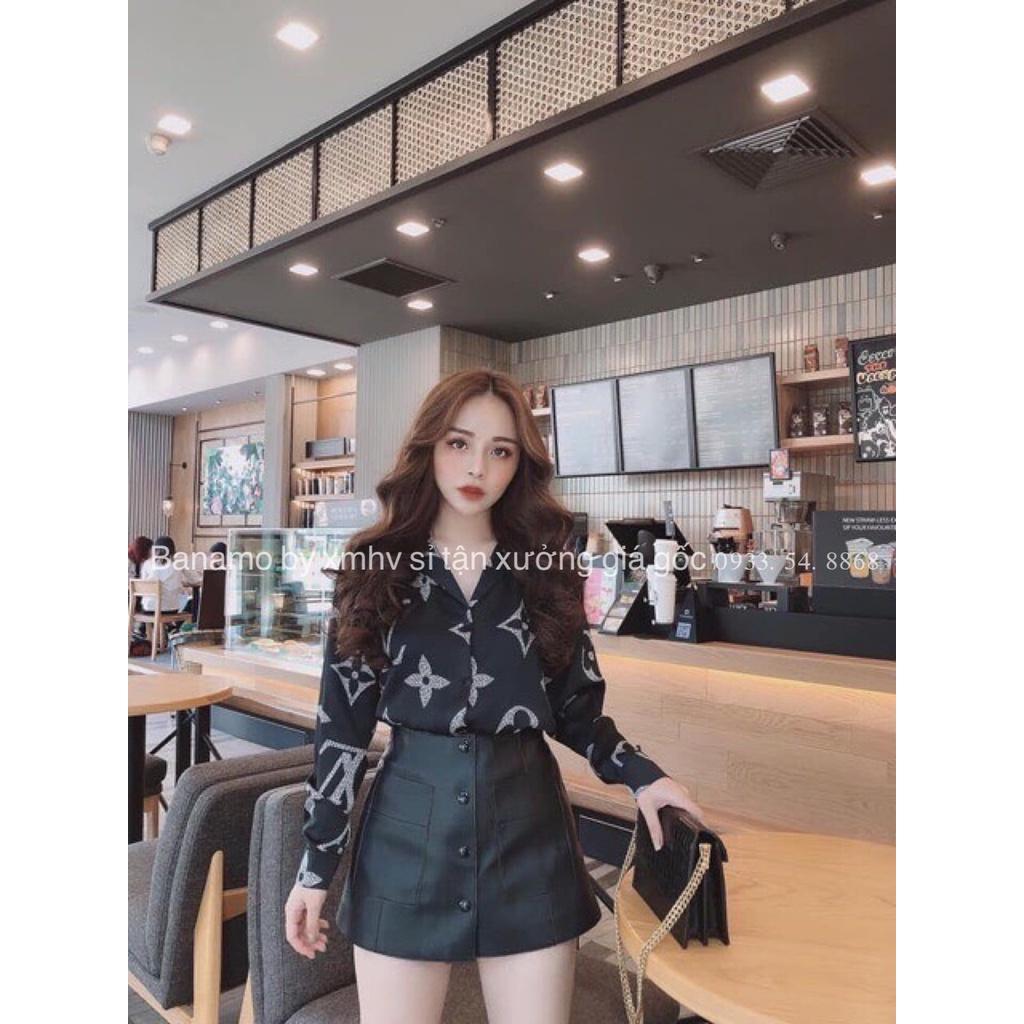 Quần váy da phối khuy 2 túi trước màu đen nâu thời trang 696