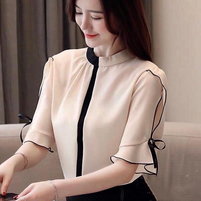 Áo sơ mi cổ tròn phối đen tay lỡ cánh tiên SMCC20