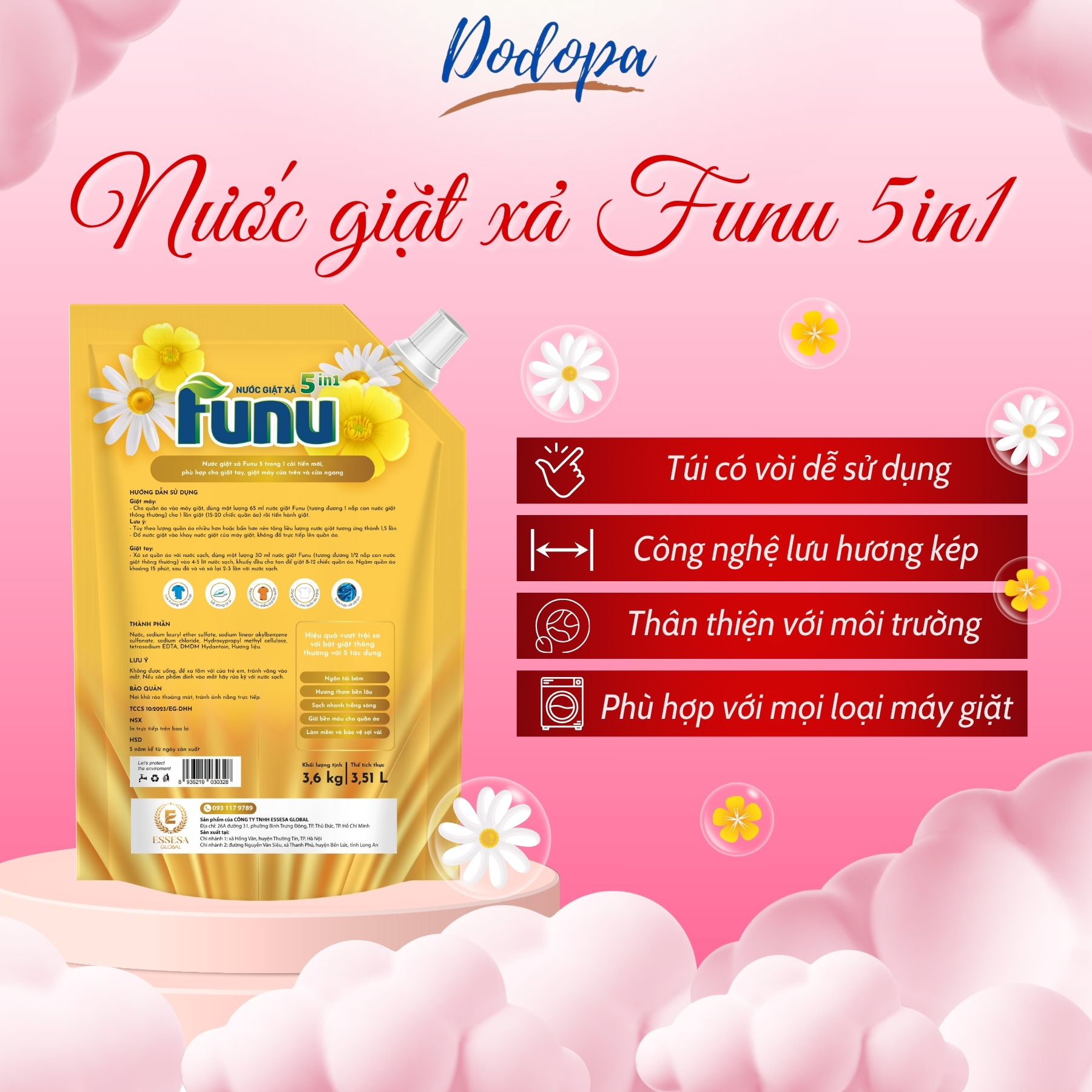 Túi nước giặt xả FUNU 3.6kg/3.5L hương nước hoa giữ bền màu diệt khuẩn ngăn tái bám dùng cho tất cả các loại máy giặt- 2 màu vàng đỏ- Hàng chính hãng