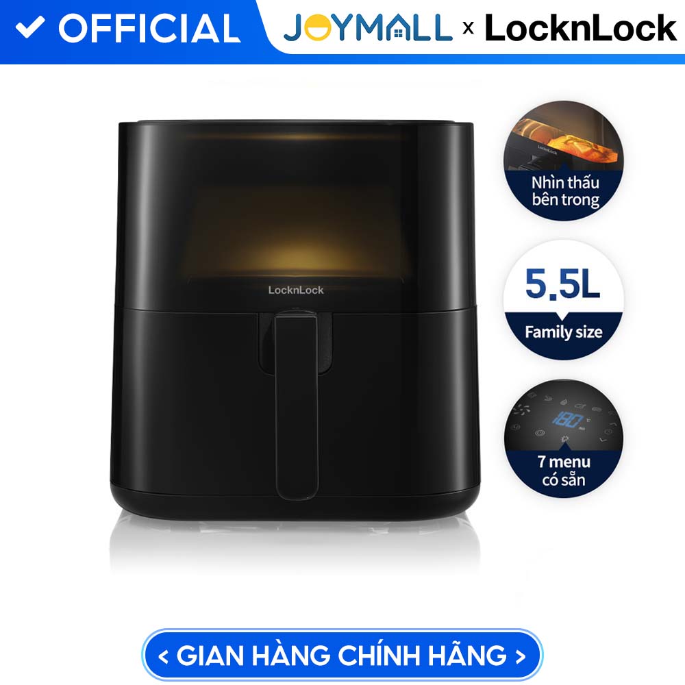 Nồi chiên không dầu Lock&amp;Lock EJF996BLK 5.5L Visible air fryer CUBE - Hàng chính hãng, cửa sổ trong suốt, 7 menu có sẵn