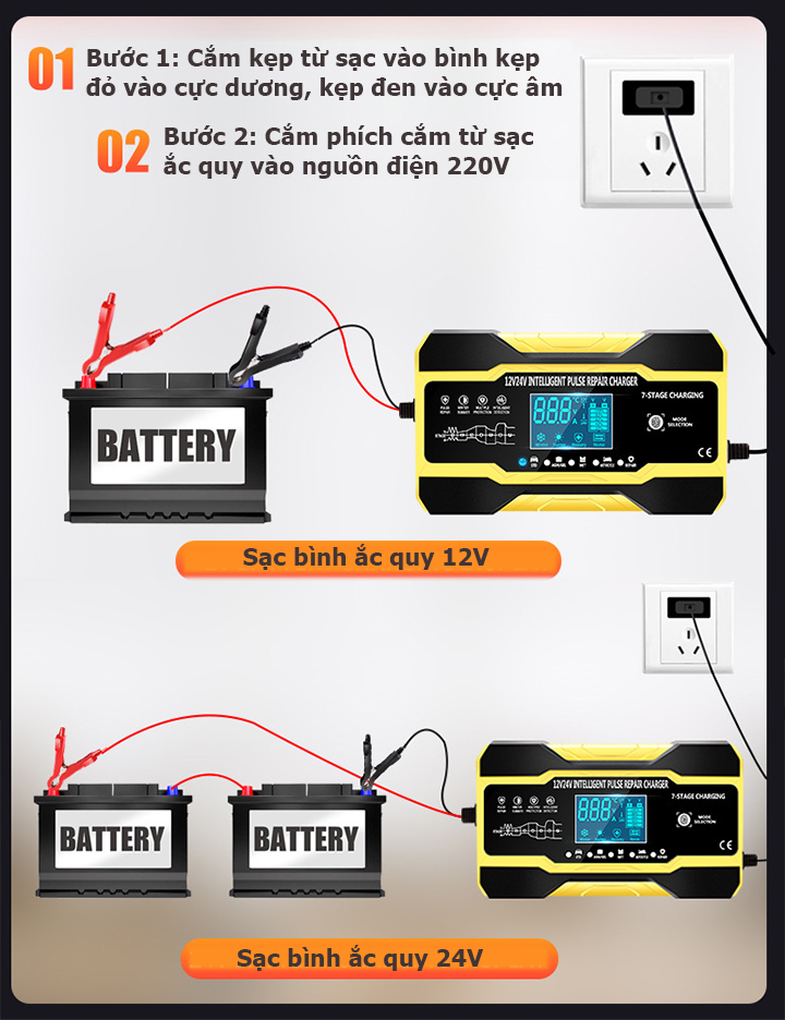 Sạc bình ắc quy 12V 6Ah - 150Ah/24V 6Ah - 100Ah Tianye tự ngắt khi đầy chức năng bảo dưỡng phục hồi ắc quy bằng khử sunfat