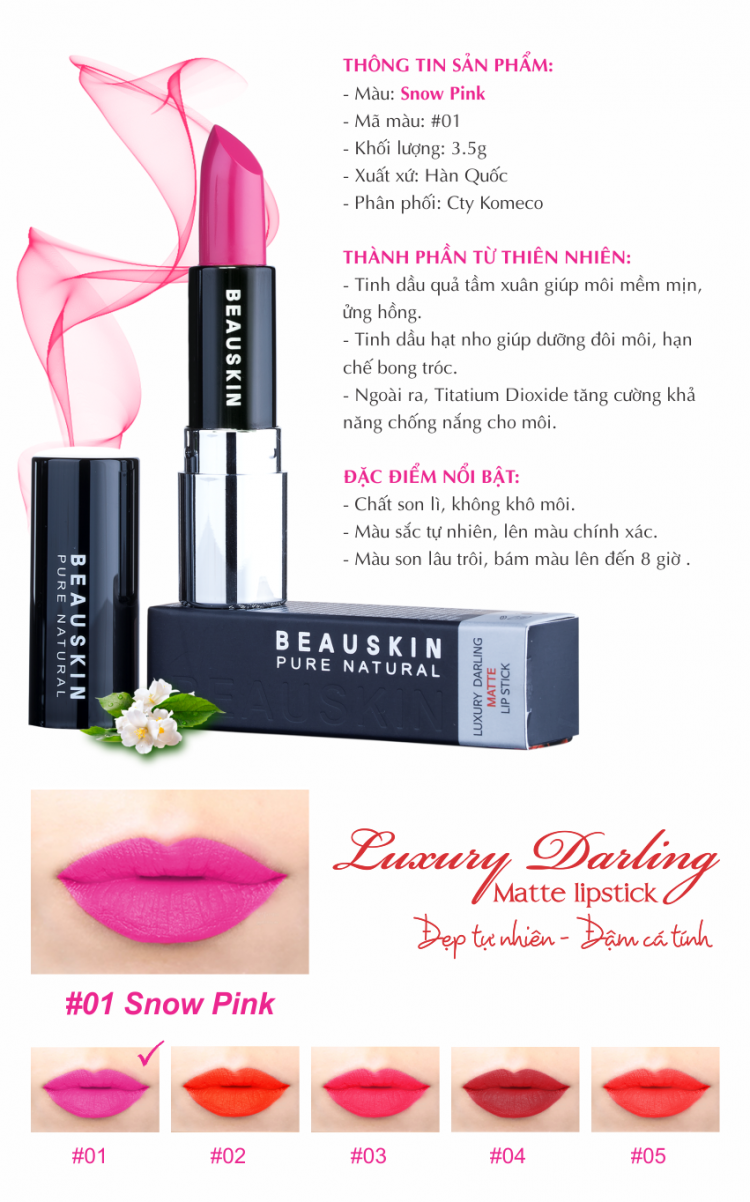 Son môi Beauskin Luxury Darling Matte #01 - Hong canh sen