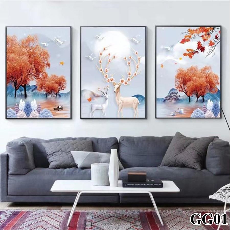 Tranh treo tường canvas 3 bức phong cách hiện đại Bắc Âu 129, tranh lá cây trang trí phòng khách, phòng ngủ, phòng ăn