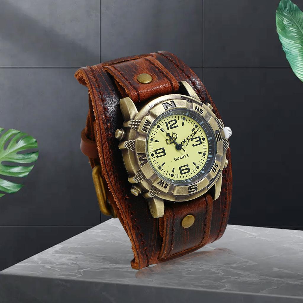 2Pcs Wristwatch Male Watch Band Leather Punk Vintage Bracelet