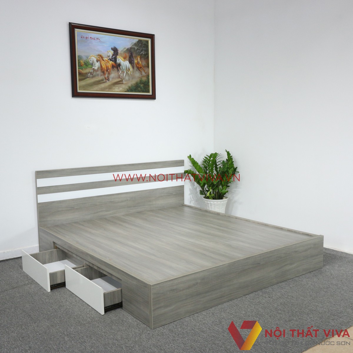 Giường Ngủ MDF Melamine Màu Xám Vân Gỗ Chỉ Trắng Có Hộc Kéo Hiện Đại
