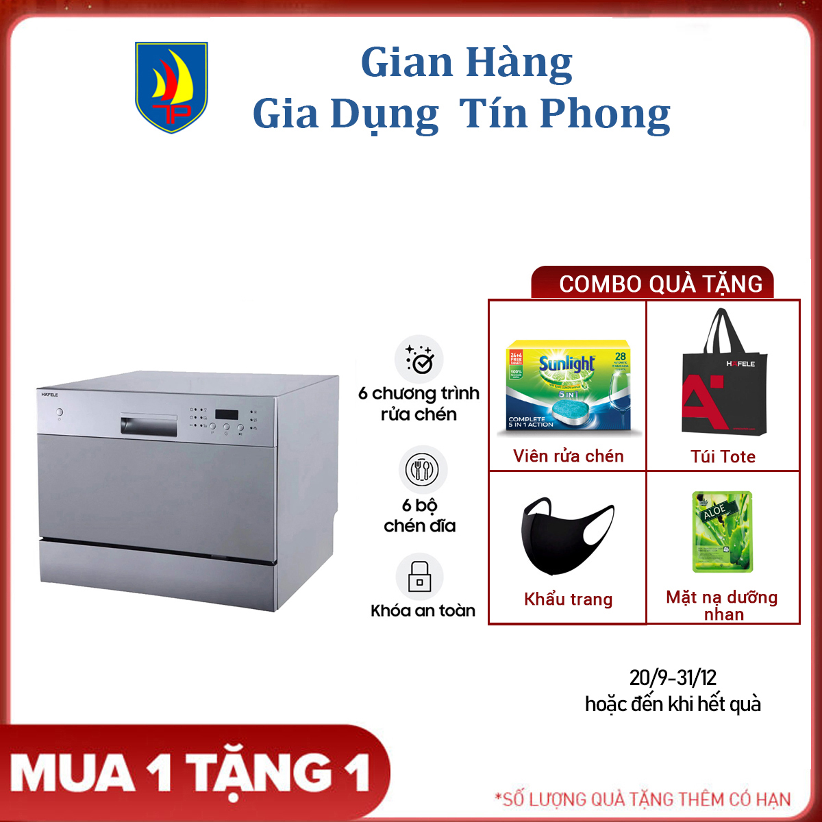 [ 1212B65K ]Giảm 65K cho đơn hàng từ 999K. ] Máy Rửa Chén Hafele HDW-T50A 538.21.190 - Dung tích 6 bộ đồ ăn Châu Âu - Hàng Chính Hãng