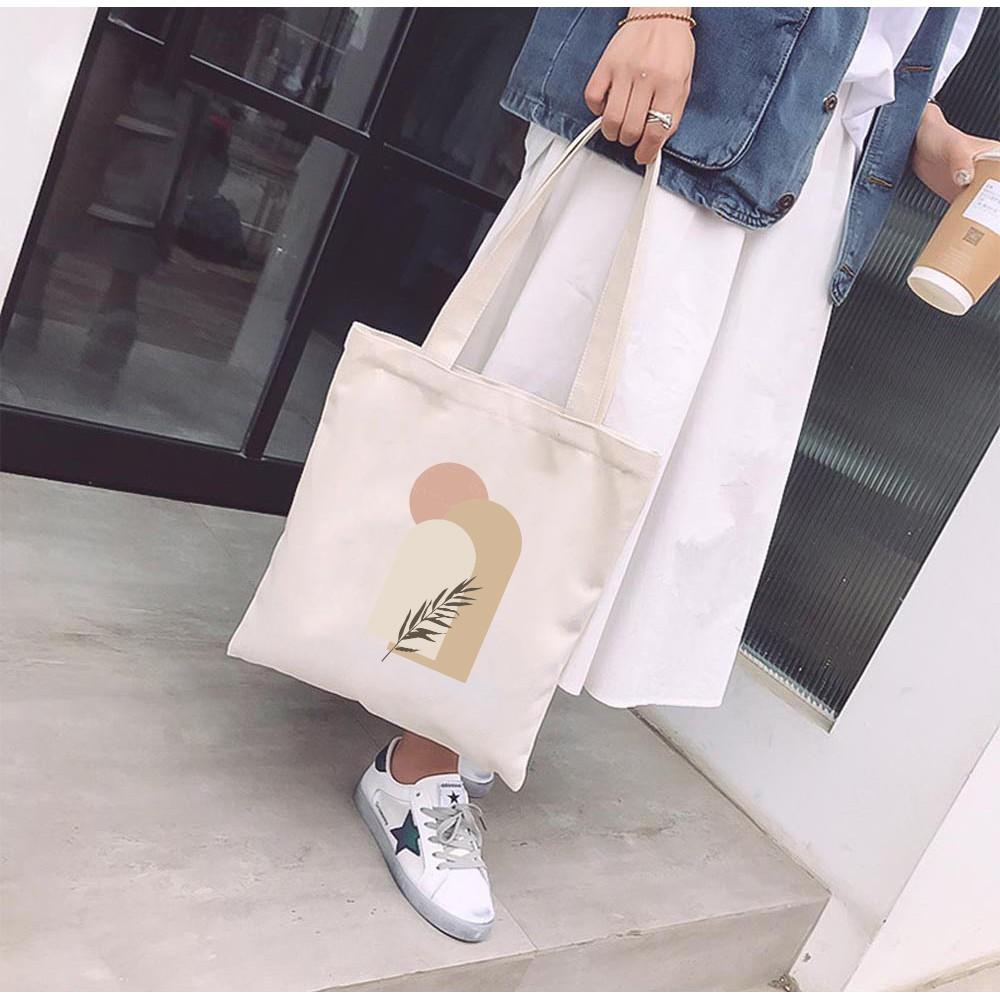 Túi Tote Vải Mộc Ginko kiểu basic có dây kéo khóa miệng túi đựng vừa laptop 14 inch và nhiều đồ dùng khác In Hình Minimalism Art M37