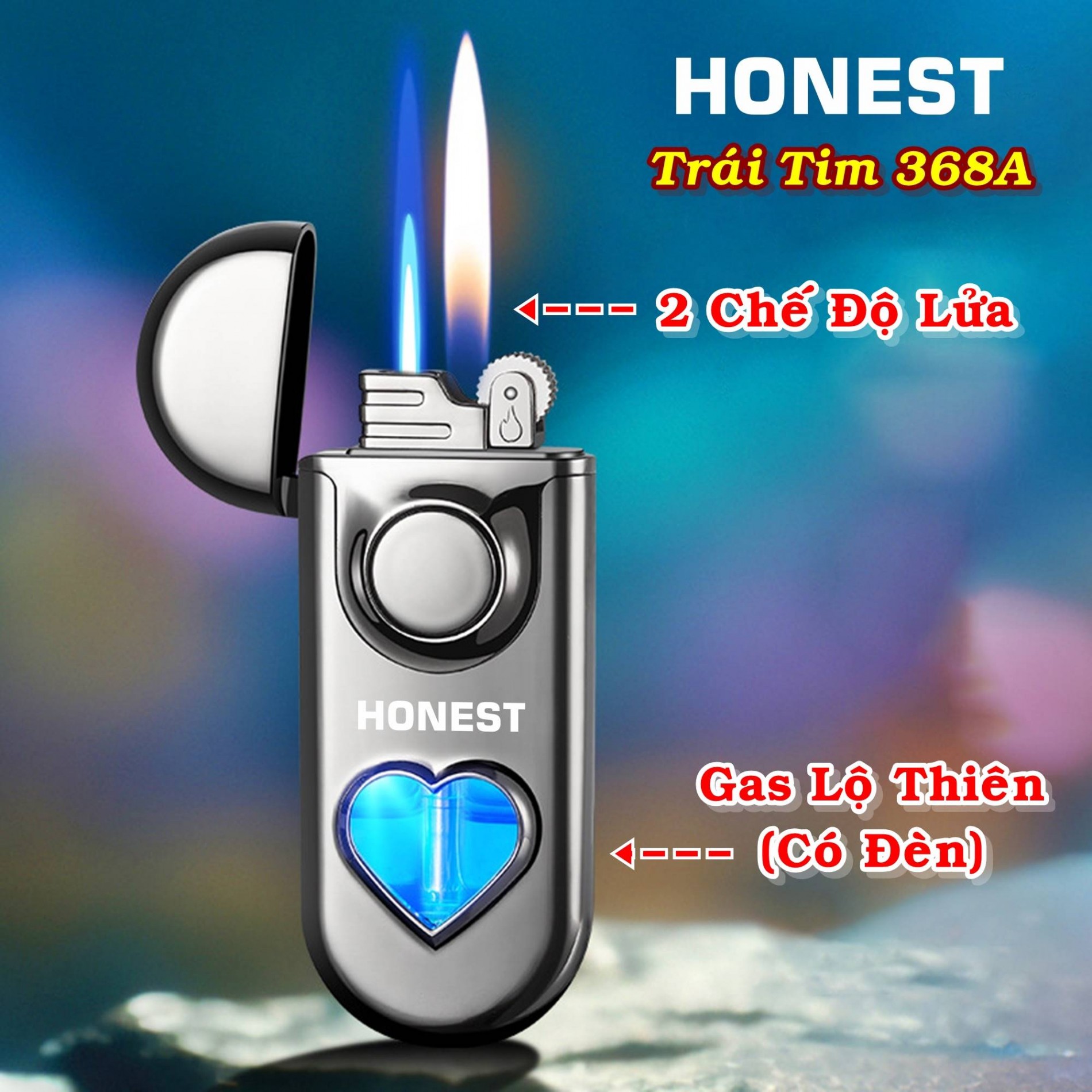 Hột quẹt bật lửa Honest 2 chế độ lửa gas lộ thiên có đèn hình trái tim 368A - xài gas