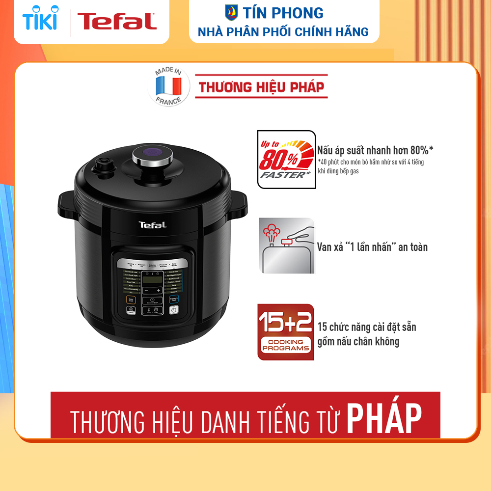 [Nhập CECAMP30KD1 giảm 30K] Nồi áp suất điện đa năng 6L Tefal CY601868 - Lòng nồi hợp kim nhôm chống dính - Van xả áp tự động - 15 chức năng nấu tự động -Hàng chính hãng