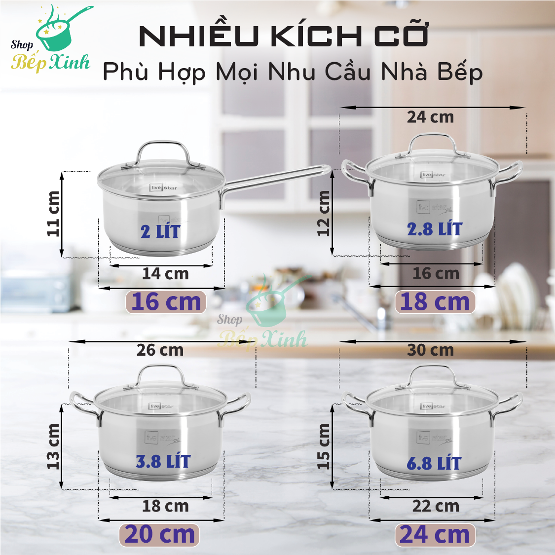 Bộ Nồi 5 Đáy Inox 304 Cao Cấp Bếp Từ Fivestar Plush FPB55D001 Nắp Kính , bảo hành 25 năm , tặng 1 vá canh inox
