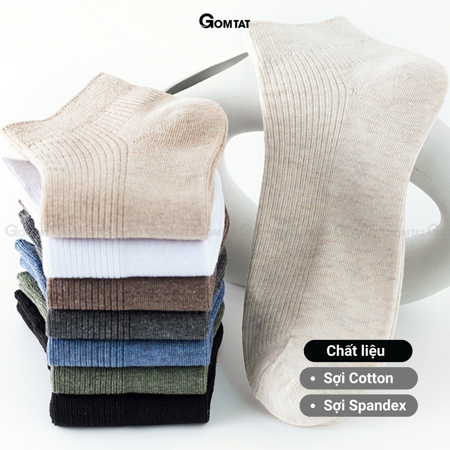 Tất vớ nam cổ ngắn GOMTAT trơn basic, chất liệu cotton mềm mại thấm hút thoáng khí - NGANTRON-FIVE-2003-1DOI