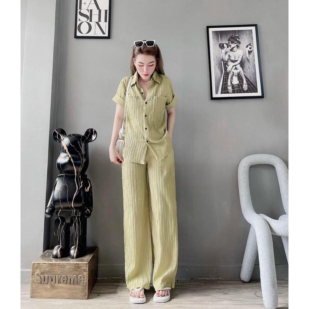 Bộ Áo Sơ Mi Cộc Tay Quần Culottes Nữ Vải Xốp Gân