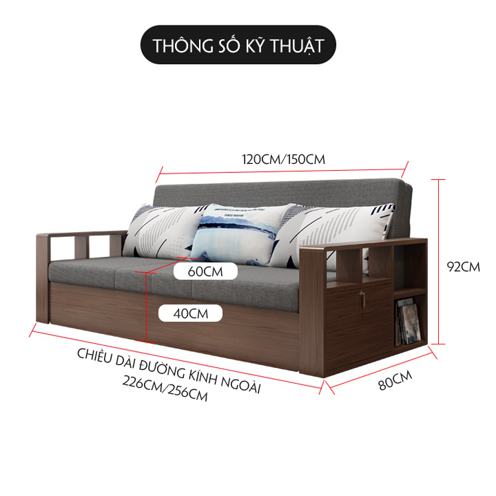 Sofa Giường Khung Thép Tay Gỗ Cao Cấp, Thông Minh - Linh Hoạt - Đa Năng, Siêu Bền Chịu Tải 900kg