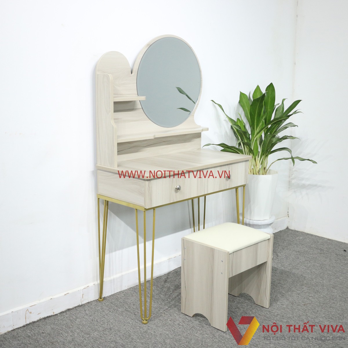 Bàn Trang Điểm Gỗ MDF Melamine Màu Sữa Chân Sắt 2 Ngăn Kéo Gương Tròn