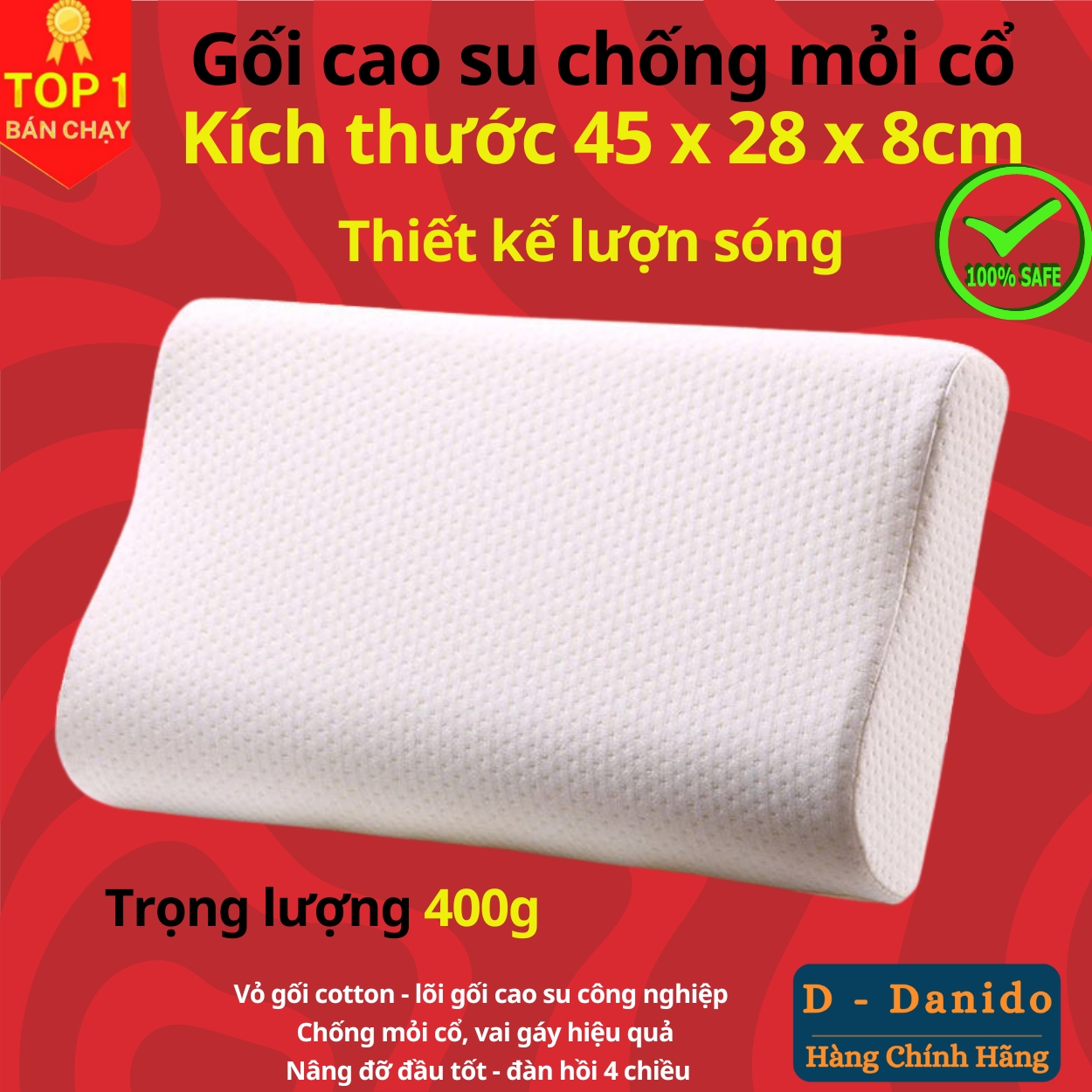 Gối cao su cao cấp chất lượng êm ái thoải mái, Gối cao su chống đau vai gáy, ngủ gáy, nâng đỡ vùng cổ hiệu quả - Hàng chính hãng D Danido