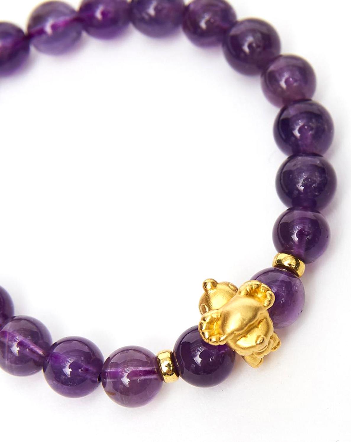 Vòng tay đá thạch anh tím charm tuổi mùi bạc mạ vàng 24K 8mm mệnh hỏa, thổ - Ngọc Quý Gemstones