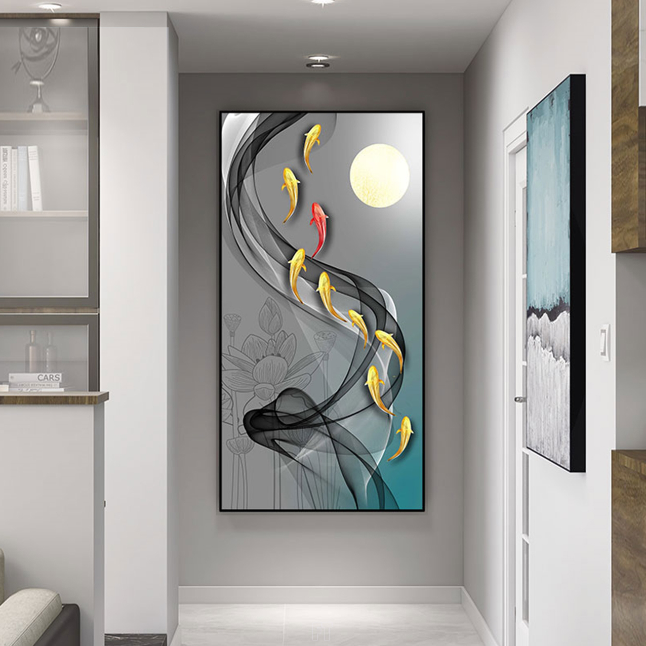 Tranh Canvas Treo Tường Hiện Đại - Tranh Chín Con Cá Chép Bên Hoa Sen