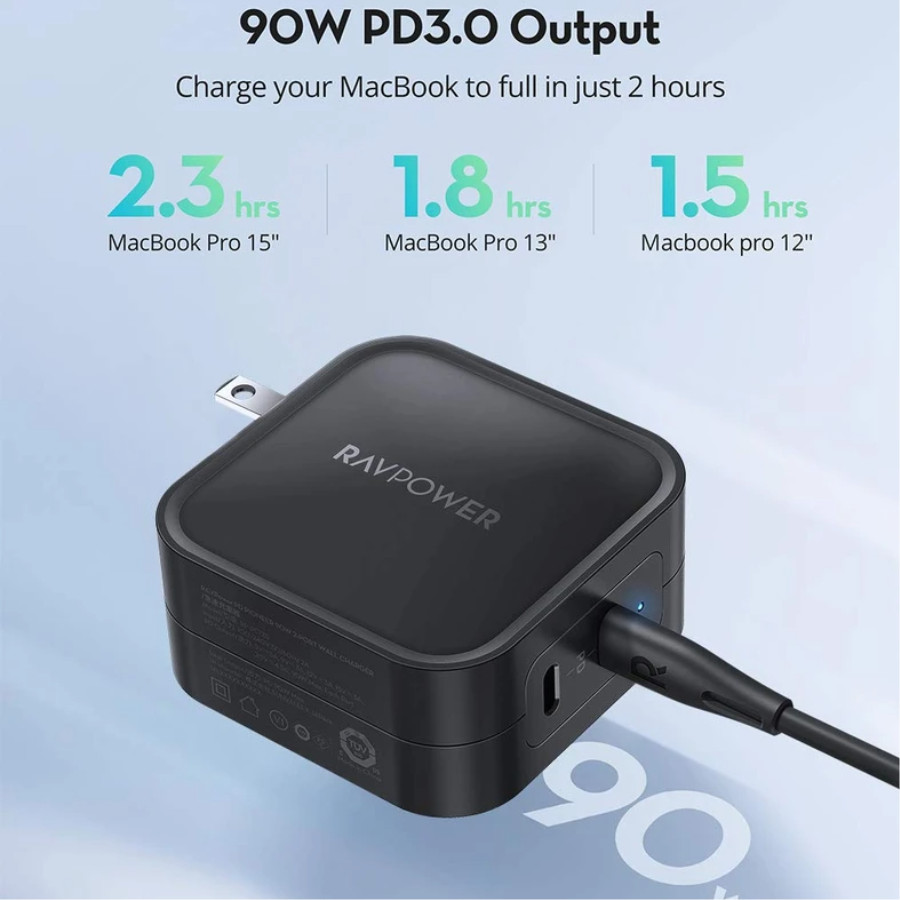 Adapter Củ Sạc Nhanh 90W Công Nghệ GaN 2 Cổng Type-C Sạc Cho Macbook, Laptop, Điện Thoại RAVPower RP-PC128 Kèm Cáp Type-C To C 90W Công Nghệ GaN - Hàng Chính Hãng