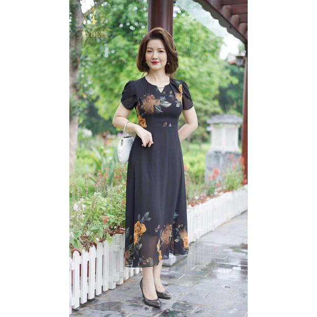Váy đầm trung niên thiết kế LYBEE che khuyết điểm cực tốt đi chơi đi dự tiệc váy voan tơ cao cấp váy cho mẹ mã 381