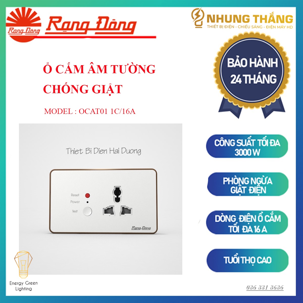 Ổ Cắm Điện An Toàn Tự Động Ngắt Điện Khi Phát Hiện Rò Điện Rạng Đông - Ổ Cắm Âm Tường Chống Giật - Model OCAT01 1C/16A