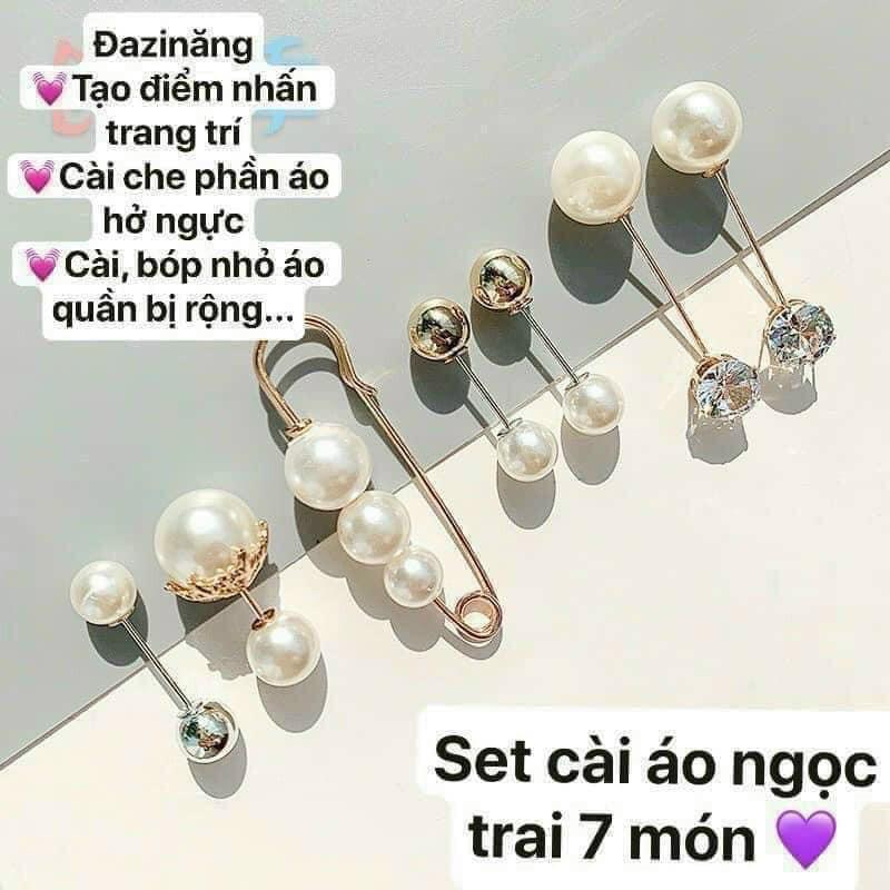 Set cài áo giả ngọc trai 7 món / Gym cài áo, Khuy áo, Châm Cài Áo