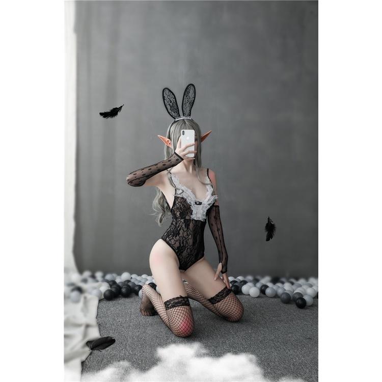 Cosplay thỏ sexy đen 1 mảnh hở lưng quyến rũ / SIZE S / bodysuit áo liền thân ren xuyên thấu đáng yêu BIKI HOUSE N732