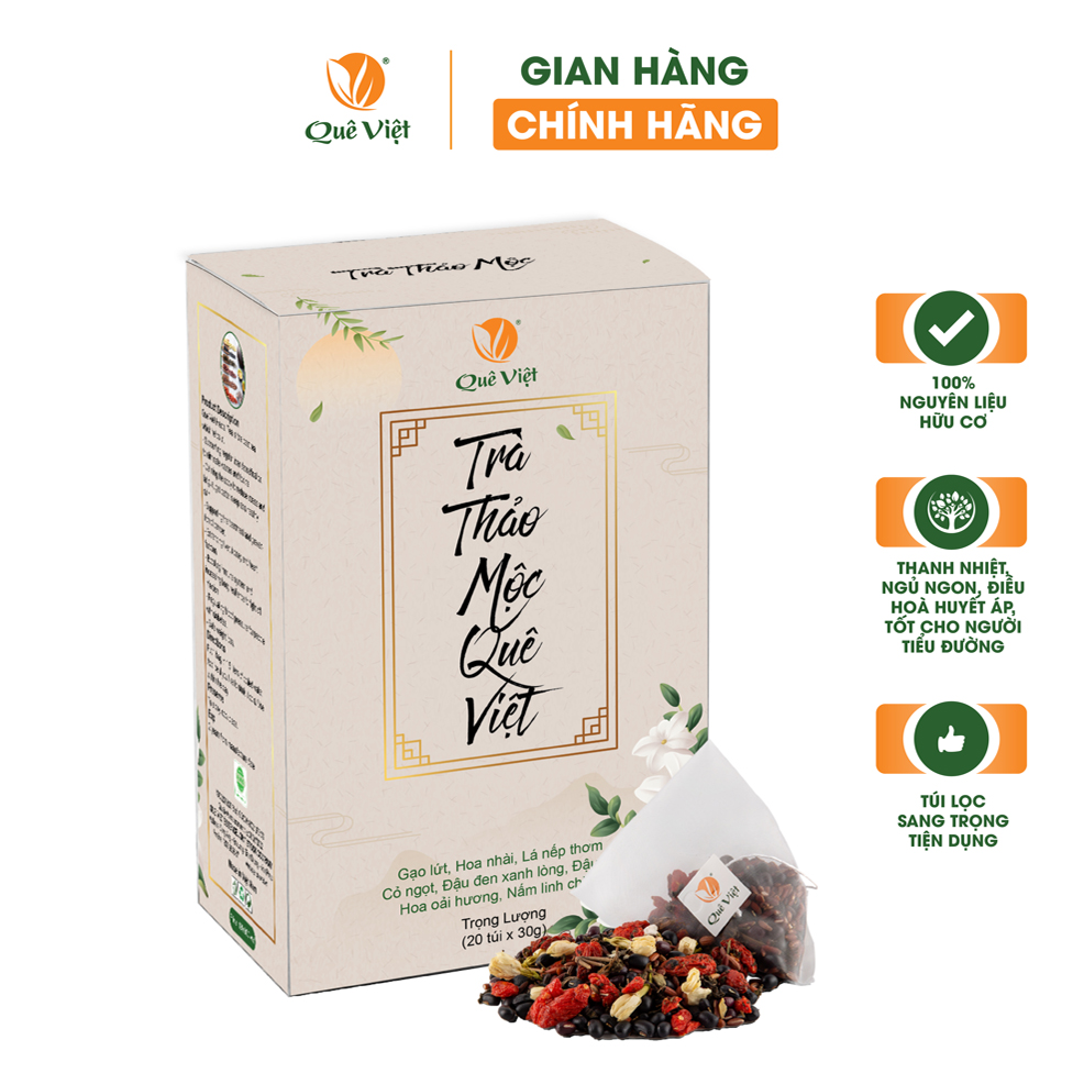 Trà thảo mộc Quê Việt - Mát gan, ngủ ngon, giảm căng thẳng mệt mỏi, nguyên liệu hữu cơ - hộp 600g