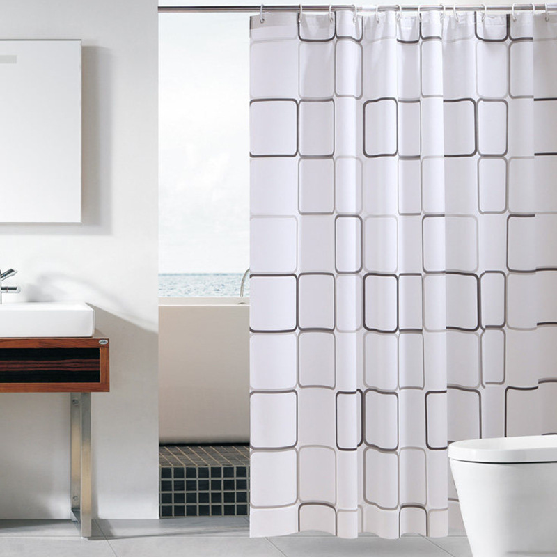 Rèm phòng tắm họa tiết vuông gam màu trắng, kèm theo móc, chống thấm HT718