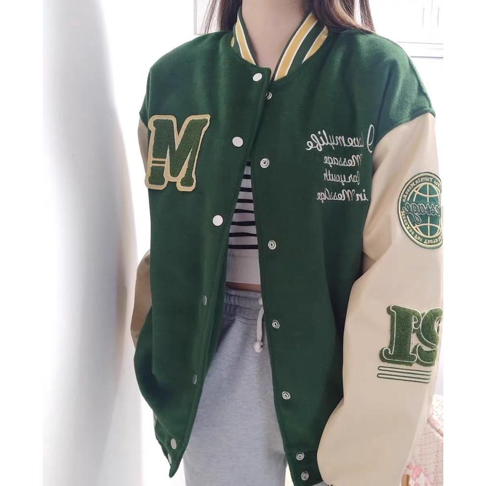 (Hàng sẵn)Áo bomber Unisex Vải dạ tay phối tay da pu họa tiết thêu xù 2 màu hót DT112