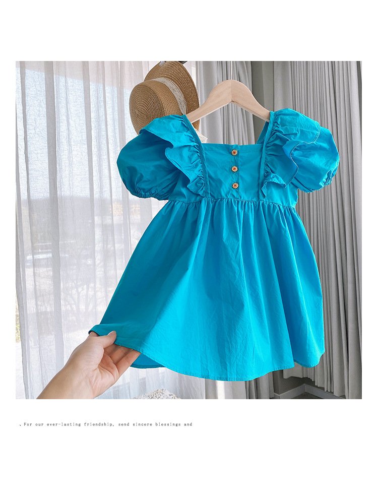 Đầm tay phồng mùa hè xanh biển cho bé gái