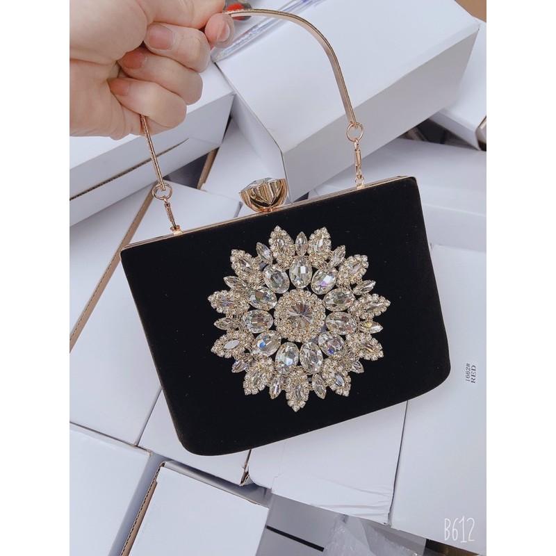 Clutch nhung đá- túi xách cầm tay nhung đá tròn form hình thang cao cấp