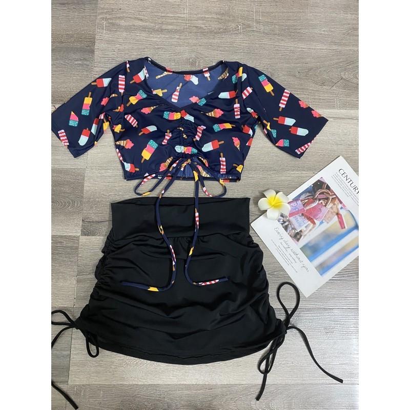 Đồ bơi nữ kín đáo váy rút dây sành điệu- Bikini đi biển 2 mảnh áo tay ngắn trẻ trung- shopnabi