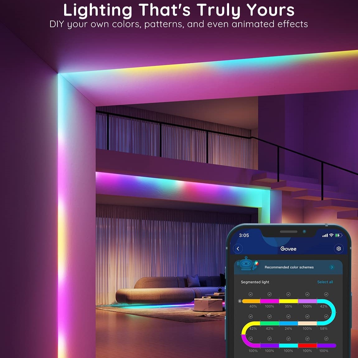 Dây đèn LED Govee RGBIC Wi-Fi+Bluetooth LED Strip Lights H6143 | 16 triệu màu RGBIC, tùy chỉnh màu sắc, thiết kế thông minh | Hàng chính hãng