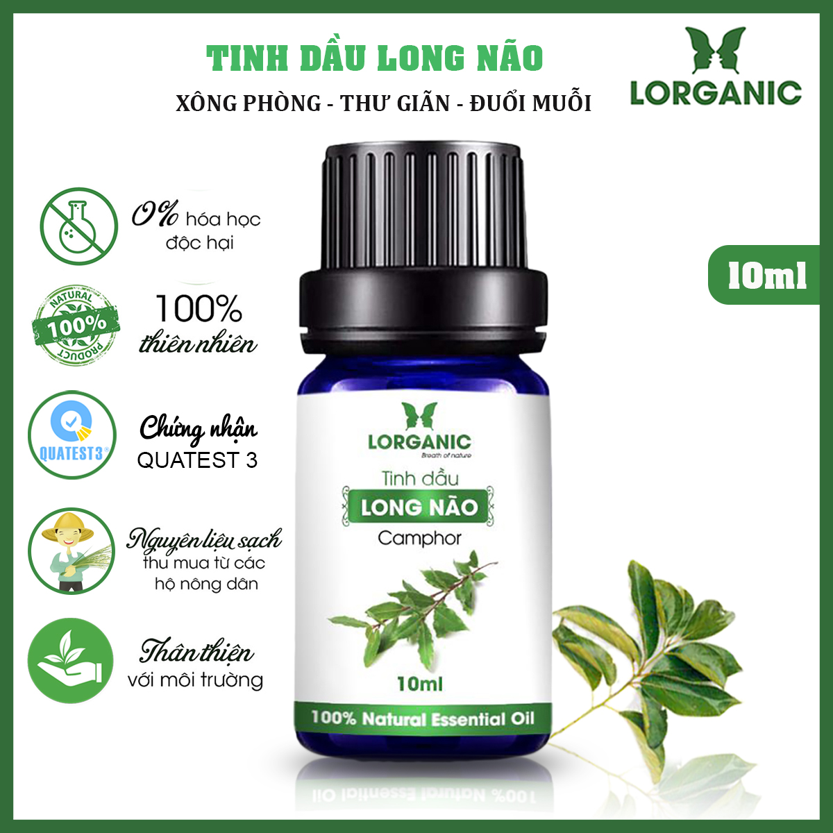 Tinh dầu long não Lorganic Camphor 10ml/ Hương thơm dịu nhẹ/ Tinh dầu thiên nhiên nguyên chất xông phòng, thư giãn tinh thần, đuổi muỗi và côn trùng, khử mùi hiệu quả/ Thích hợp dùng với đèn xông và máy khuếch tán.